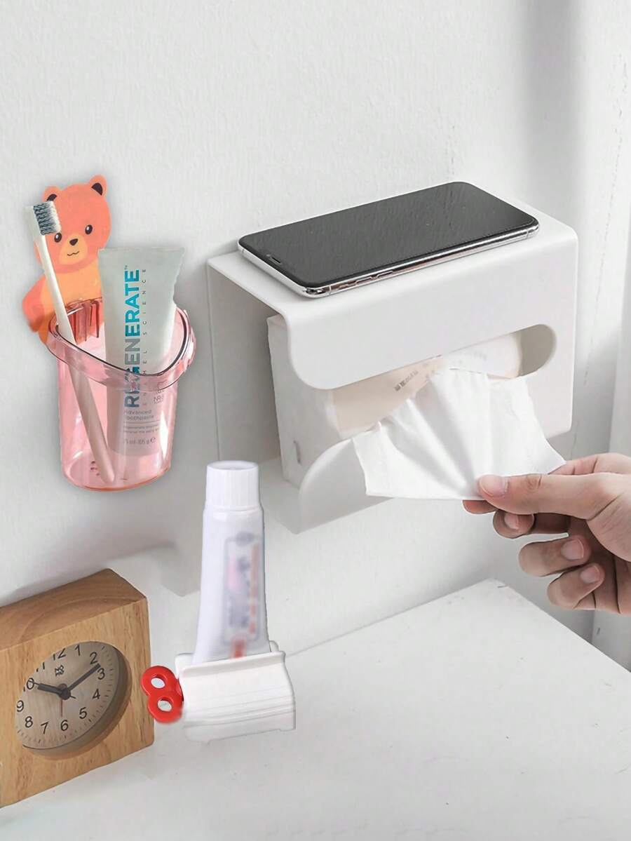 Juego de 3 accesorios de baño, de material plástico, que incluye portacepillos de dientes, dispensador de pasta de dientes, caja de pañuelos montada en la pared, caja de pañuelos autoadhesiva y extraíble, ahorro de espacio, impermeable. - Multicolor - Ver 1