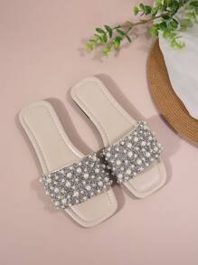 Ladies' Shiny Pearl & Rhinestone Decorated Flat Sandals, Stylish & Versatile Fairy Women's Shoes, Comfortable Low-Heeled Beige PU Slippers For Summer 2024, Featuring Open Toe Design, Perfect For Outdoor, Vacation, Anti-Slip & Waterproof Beach Shoes. Valentines - Beige - View 3