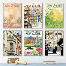 6入組漫畫《紐約客》雜誌封面海報，城市建築可愛貓咪風景畫布油畫牆藝術印刷咖啡廳客廳裝飾