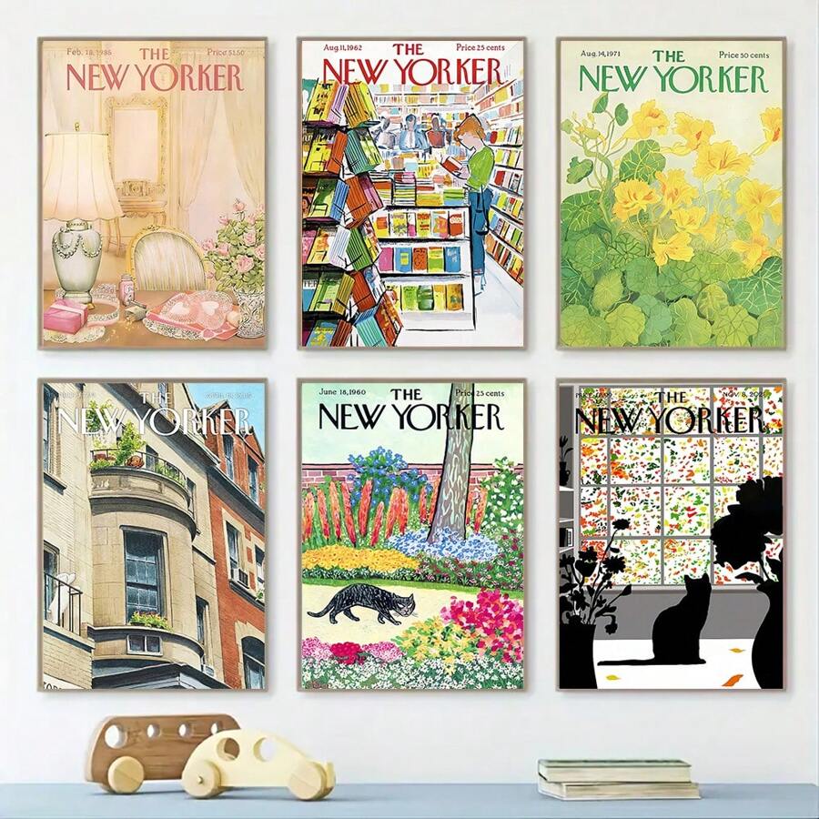 6入組漫畫《紐約客》雜誌封面海報，城市建築可愛貓咪風景畫布油畫牆藝術印刷咖啡廳客廳裝飾