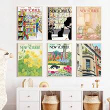 6入組漫畫《紐約客》雜誌封面海報，城市建築可愛貓咪風景畫布油畫牆藝術印刷咖啡廳客廳裝飾