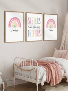 3 件个性化定制名字艺术印刷品制作最佳姐妹墙海报波西米亚风墙画制作最佳朋友印刷图片彩色帆布画彩虹墙艺术幼儿园墙壁海报女孩卧室装饰无框架/木框架 - 粉色 - 查看 3