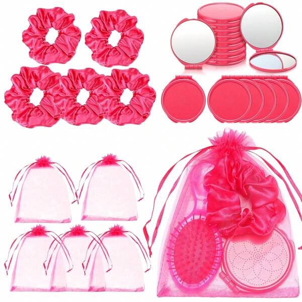 15 قطعة/مجموعة هدايا فضلات حفلة التجميل الوردية، 5 خصل شعر وردية مطاطية، 5 مرايا تجميل وردية صغيرة، 5 أكياس بنسيج أورجانزا وردية، إكسسوارات شعر للنساء في عيد الميلاد
