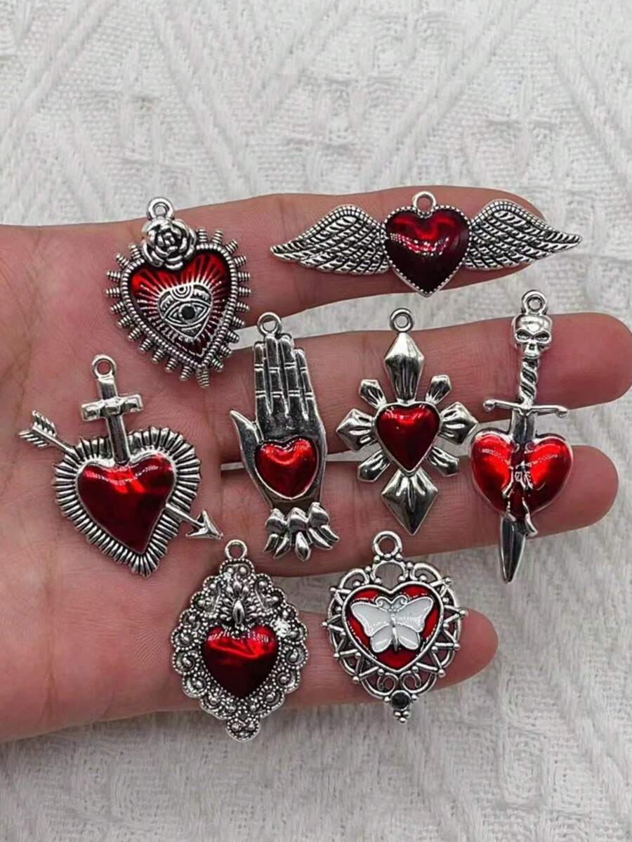 10pcs Mixed Silver Plated Enamel New Gothic Style Sacred Heart Alloy Pendant DIY Charms Earrings Necklace Jewelry Crafts Making - A - View 1