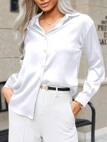Blusa con Mangas Larga para Mujer de Seda Moda, Camisa para Mujer con Cuello Solapa y Manga Largas Elegantes, Playera con Manga Larga para Mujer Casual - Blanco - Ver 4