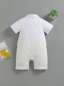 Baby Boy's White Short Sleeve Gentlemen Baptism Romper With Bowtie - White - View 2