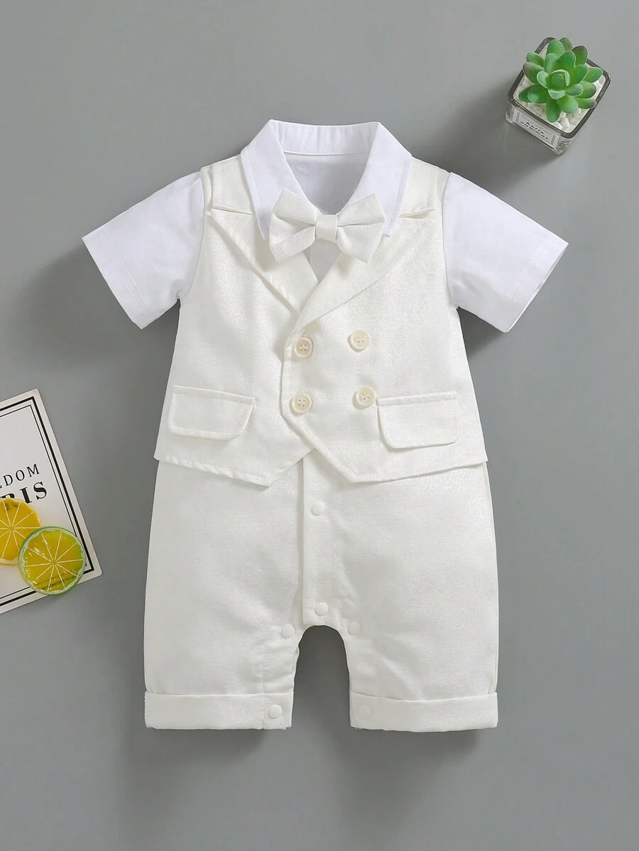 Baby Boy's White Short Sleeve Gentlemen Baptism Romper With Bowtie - White - View 1