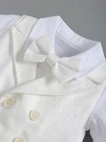 Baby Boy's White Short Sleeve Gentlemen Baptism Romper With Bowtie - White - View 3