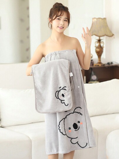 1pc Women Polyester Robe, Gray Solid Color With Embroidered Cute Animal Pattern / Washcloth, Absorbent & Quick Dry, Suitable For Bathroom, Hotel, Party, Beach, Travel, Holiday Gift Home Bathroom Decor Fall Decor Back To School For Beauty Salon Home Bathroom Shower Towels For Beaty Salon, Hotel Sports,Home Essentials, Towel, Skin Care