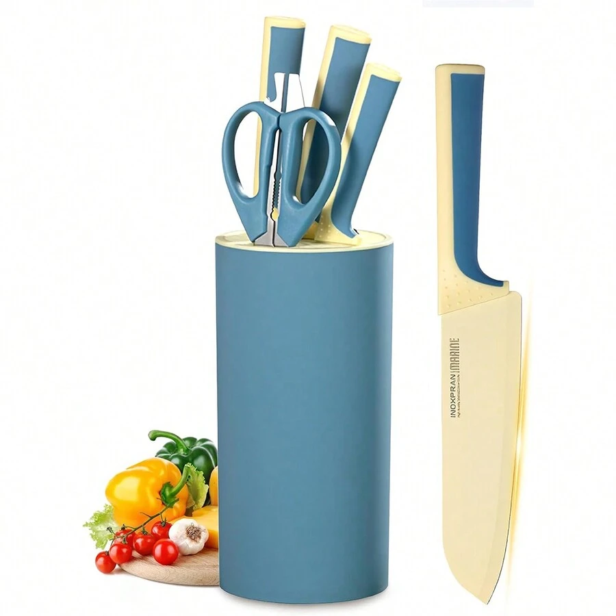 厨房刀具套装，5 件蓝色锋利刀具套装（带刀座和万能剪刀），不锈钢厨师刀套装（带不粘涂层），刀座套装礼物，适合女孩和女士（蓝色）