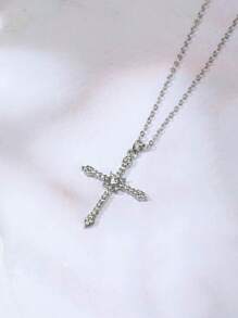 Fully Studded Cross Necklace Pendant Encrusted With High Quality Cubic Zirconia For Men And Women, Hip-Hop Style, Personalized Pendant, Diamond-Studded Star-Shaped Cross Necklace, New Cool Pendant, Unique Design For Ins Sweet And Cool Girls, Locking Collarbone Chain For Women