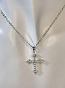 Fully Studded Cross Necklace Pendant Encrusted With High Quality Cubic Zirconia For Men And Women, Hip-Hop Style, Personalized Pendant, Diamond-Studded Star-Shaped Cross Necklace, New Cool Pendant, Unique Design For Ins Sweet And Cool Girls, Locking Collarbone Chain For Women