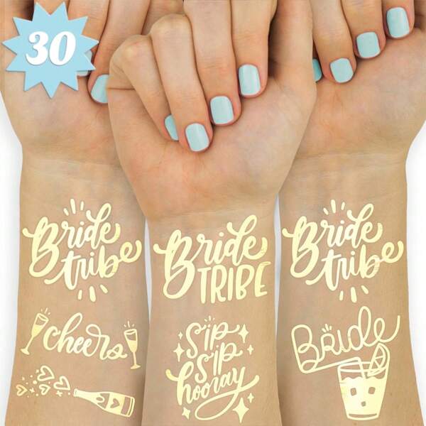 Tatuajes temporales para soltero y soltera para hombres y mujeres, cara y mano, 30 piezas de tatuajes brillantes y metálicos dorados para suministros de decoración de despedidas de soltero, conjuntos de besos de tribu de dama de honor ¡Salud!