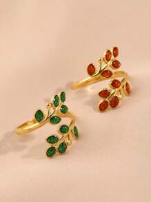 1pc Stainless Steel Fashionable Simple Creative Women's Red And Green Oil Drop Leaf Shape Open Ring, Suitable For Women's Daily Wear Or Gift Giving - Yellow Gold - View 2