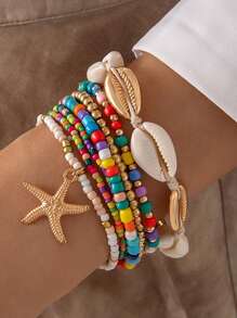 A New Set Of Fashionable Bohemian Holiday Wind Shell Beaded Woven Necklace, Bracelet, Anklet, Beach Style Starfish Pendant Polymer Clay Rice Bead Combination Jewelry, Suitable For Women's Daily Wear