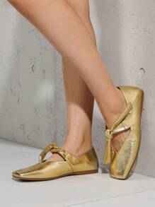 女士正方形頭芭蕾平底鞋，蝴蝶結繫帶簡約馬鞋，休閒舒適輕便裝 - 金色 - 查看 5