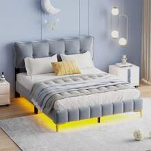 Somier de láminas de terciopelo, plataforma de madera, cama tapizada con cabecero, luces LED y pies de metal, somier de láminas moderno, colchón no incluido - Gris - Ver 4
