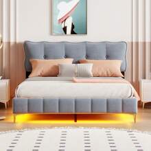 Somier de láminas de terciopelo, plataforma de madera, cama tapizada con cabecero, luces LED y pies de metal, somier de láminas moderno, colchón no incluido - Gris - Ver 6