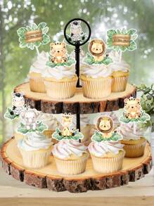 16pcs Jungle Style Cake Decoration,Animal Cupcake Topper,Happy Birthday Party Decorations, Jungle Theme Party,Holiday Party Cake Decor,Party Cake Supplies Party Food Decor, Back To School Valentine Day