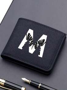 1pc Fashionable Unisex Wallet Convenient Black Canvas Card Holder 26-Letter Double Fold Short Wallet, Best Friend Gift - Black - View 1