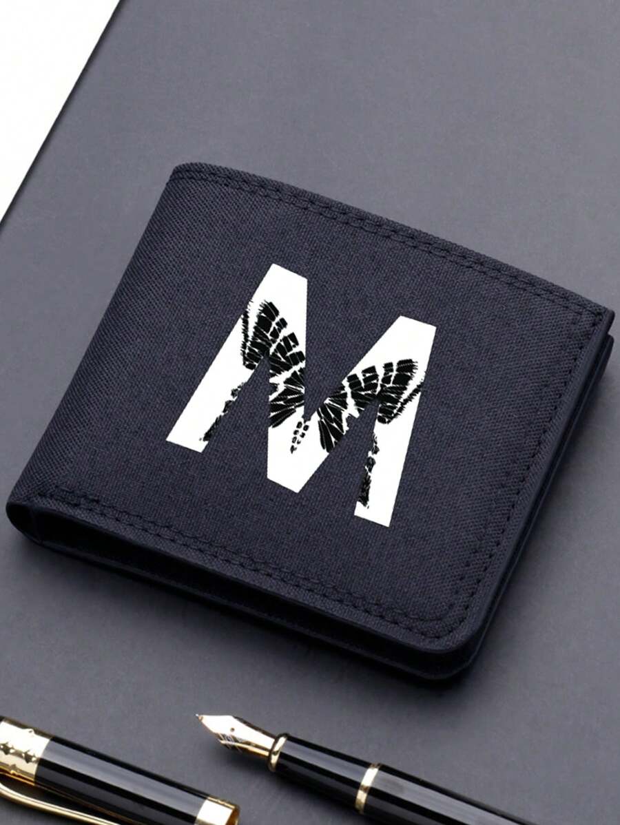 1pc Fashionable Unisex Wallet Convenient Black Canvas Card Holder 26-Letter Double Fold Short Wallet, Best Friend Gift - Black - View 1