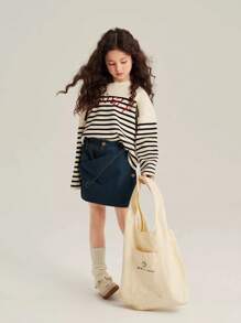 Young Girl Knit Versatile Top With Embroidered Striped Sweater - Multicolor - View 9