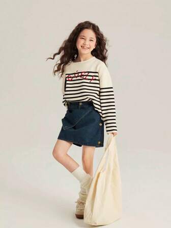 Young Girl Knit Versatile Top With Embroidered Striped Sweater