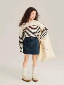 Young Girl Knit Versatile Top With Embroidered Striped Sweater - Multicolor - View 6