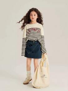 Young Girl Knit Versatile Top With Embroidered Striped Sweater - Multicolor - View 3
