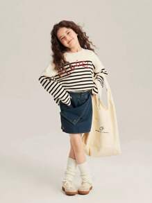 Young Girl Knit Versatile Top With Embroidered Striped Sweater - Multicolor - View 8