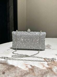 A Silver Glitter Double-Side Rhinestone Decoration Mini Clutch Evening Bag, With Metallic Crossbody Chain For Fashionable And Elegant Ladies' Handheld Bag, Suitable For Formal Parties, Weddings, Dances, Festivals And As A Gift For Women, Party Bag Perfect For Party Wedding Prom Dinner/Banquet Matching With Holiday Party Dress Evening Dress & Sequin Dress, Excellently Matching With Party Dresses For Women , Bags Ladies Elegant ,Wedding - Silver - View 2