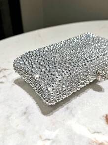 A Silver Glitter Double-Side Rhinestone Decoration Mini Clutch Evening Bag, With Metallic Crossbody Chain For Fashionable And Elegant Ladies' Handheld Bag, Suitable For Formal Parties, Weddings, Dances, Festivals And As A Gift For Women, Party Bag Perfect For Party Wedding Prom Dinner/Banquet Matching With Holiday Party Dress Evening Dress & Sequin Dress, Excellently Matching With Party Dresses For Women , Bags Ladies Elegant ,Wedding - Silver - View 6