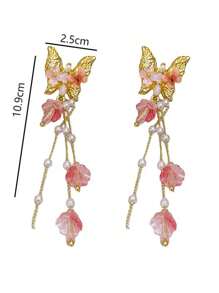 1 Pair Gold Powder Color Long Butterfly Pearl Tassel Earrings, Suitable For All Seasons - Gold Pink - View 7