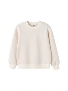 Annil Girls' Round Neck Long Sleeve Hoodie Spring And Autumn Solid Color Casual Ribbed Top - White - View 1