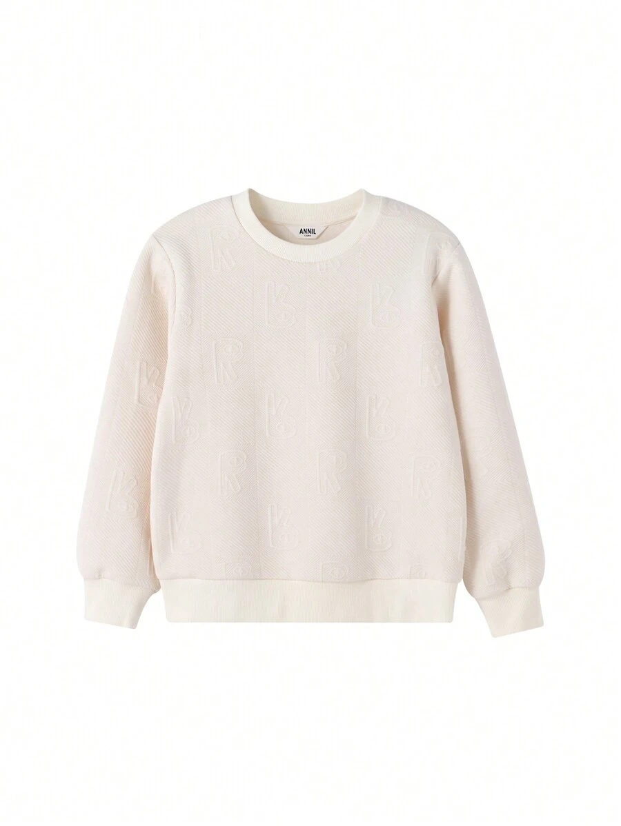 Annil Girls' Round Neck Long Sleeve Hoodie Spring And Autumn Solid Color Casual Ribbed Top - White - View 1