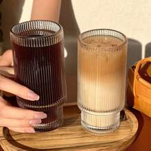 1 pieza Taza de vidrio rayado y empilada con junta de bambú para café, bebida, jugo o bebida