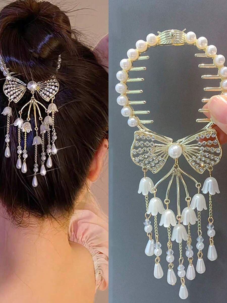 古風優雅的鈴蘭掛飾大型髮量球頭高級精緻髮夾珠寶蝴蝶結新娘髮針頭飾 - 彩色 - 查看 1