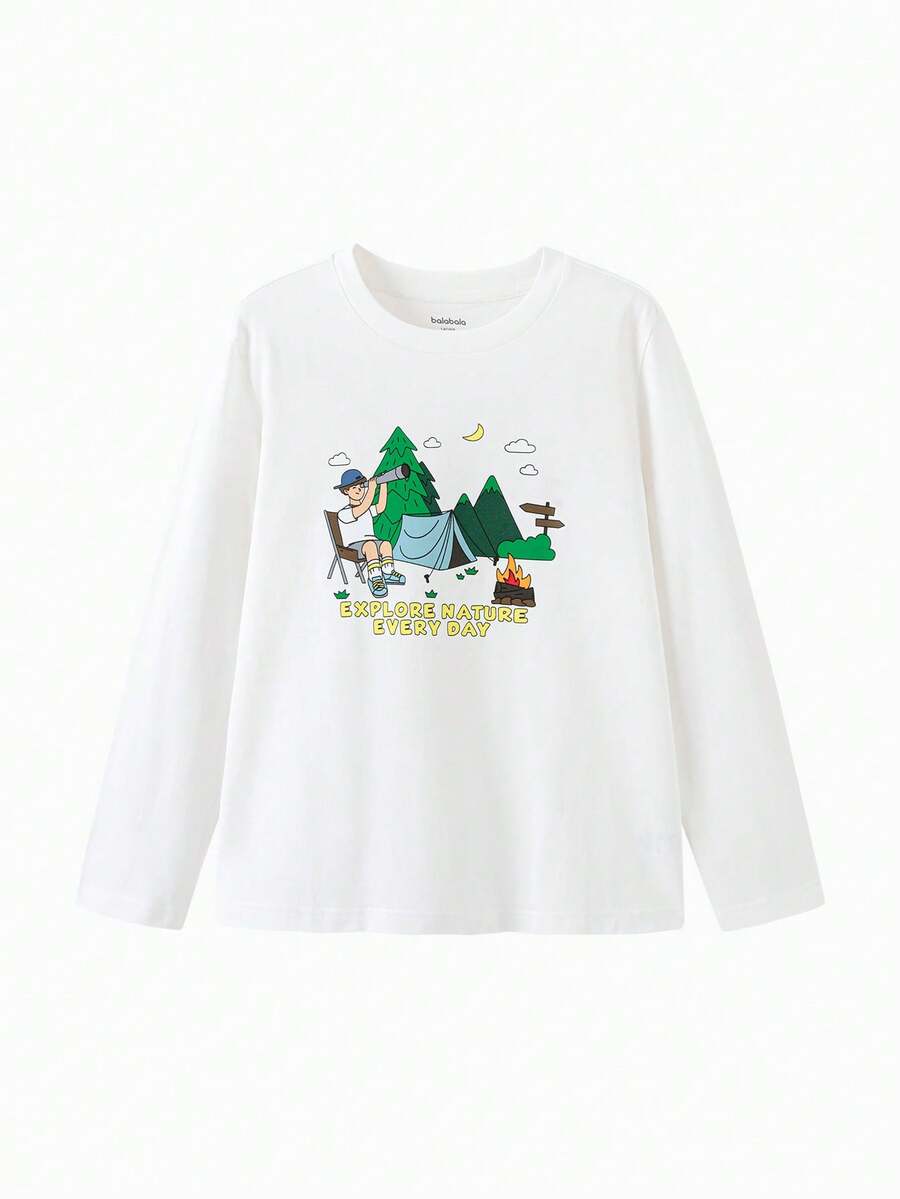 Balabala 儿童长袖 T 恤，2024 年新款春季圆领条纹上衣，适合青少年男孩和女孩