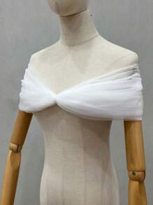 1 件白色新娘蕾丝面纱和无肩带披肩，可调节后背，带领 - 彩色 - 查看 4