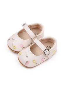Zapatos beige bordados con flores para bebé niña, bailarinas tipo Mary Jane, zapatos de princesa, suela de goma antideslizante para primeros pasos de recién nacido, para primavera y otoño