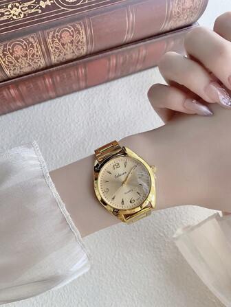 1 pieza Reloj de cuarzo elegante de mujer con esfera redonda dorada, adecuado para decoración diaria/fiesta/regalo