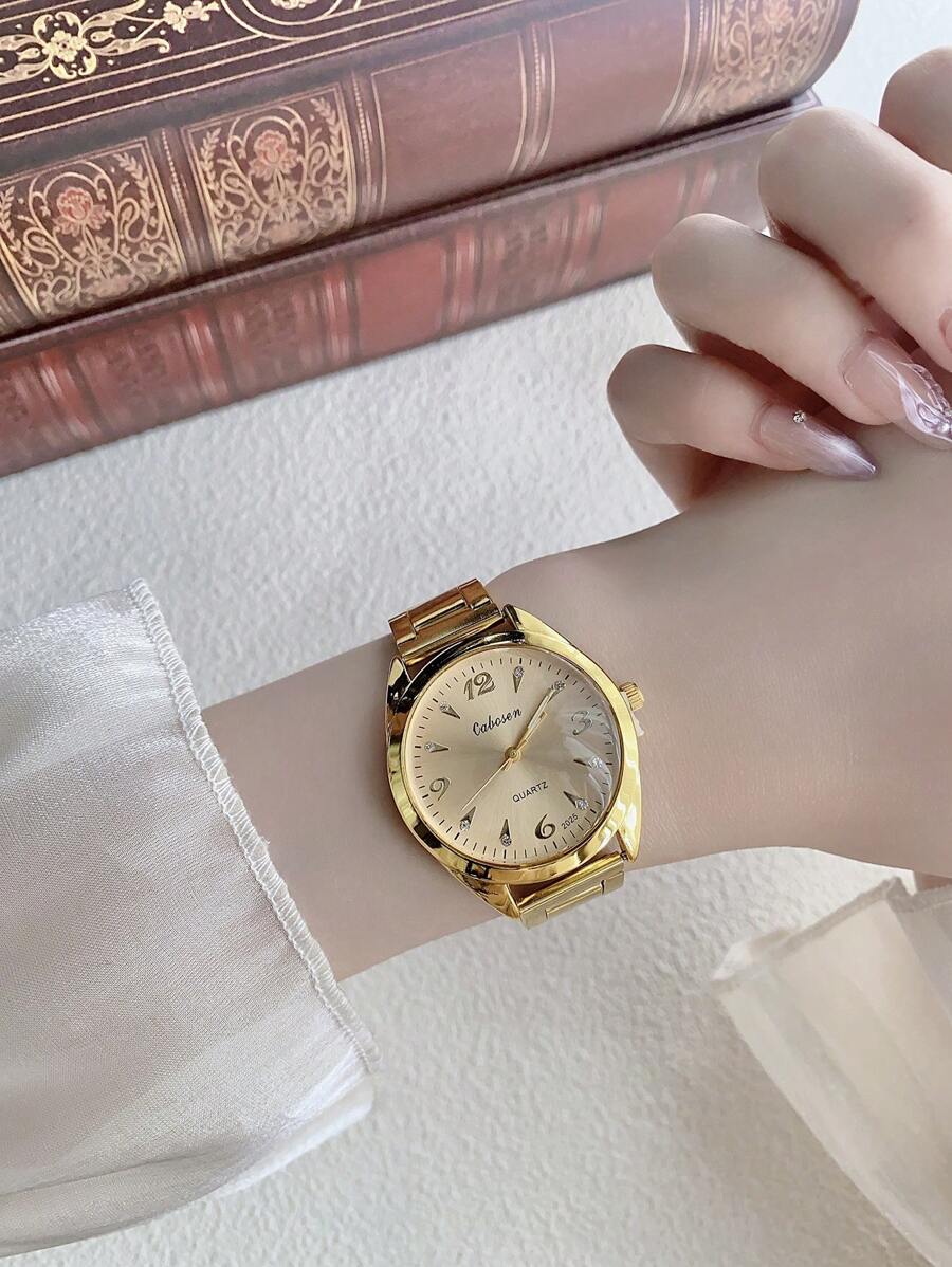 1 Đồng hồ thạch anh mặt tròn vàng thời trang thanh lịch dành cho nữ, thích hợp để trang trí hàng ngày/tiệc tùng/quà tặng - Vàng - Xem 1
