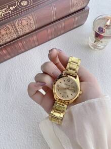 1 Đồng hồ thạch anh mặt tròn vàng thời trang thanh lịch dành cho nữ, thích hợp để trang trí hàng ngày/tiệc tùng/quà tặng - Vàng - Xem 2