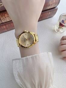 1 Đồng hồ thạch anh mặt tròn vàng thời trang thanh lịch dành cho nữ, thích hợp để trang trí hàng ngày/tiệc tùng/quà tặng - Vàng - Xem 3