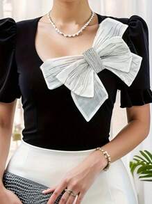 1 件大号蝴蝶结胸针，时尚优雅的蝴蝶结别针，适合宴会礼服、DIY 帽子、服装、夹克，颜色：黑色和白色情人节礼服配饰别针用于衣服包饰学校办公室配饰衬衫珠宝万圣节衣服别针有趣可爱的教师礼物 00 服装配饰包饰 - 彩色 - 查看 1