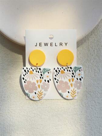 1 Pair Of Women's Fresh Ear Of Rice & Flower Printed Terracotta Texture Semioval Ins Exaggerated Acrylic Earrings Valentines,Mom,Mother,Mother's Day,Gift