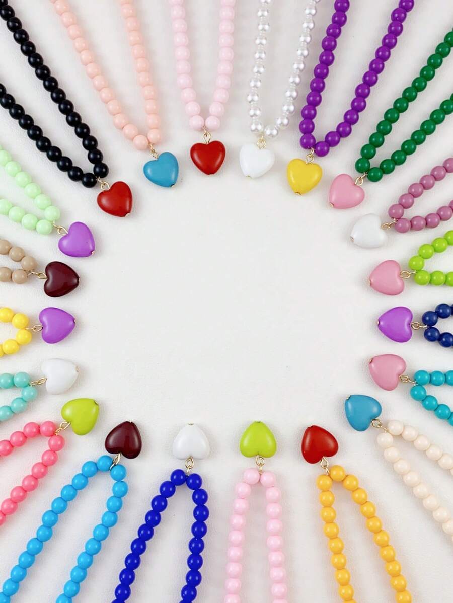 時尚女士頸鍊,粉色愛心和綠色珠子,可愛的樹脂頸鍊,適用於波西米亞假期、節日、生日、紀念日禮物 - 綠色 - 查看 1