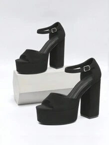 Women Platform Chunky Heeled Sandals Fashionable Ankle Strap Sexy Peep Toe Heels Chunky Dressy Pumps Sandals, For Prom Night, Party, Wedding Round Toe - 黑色 - 查看 2