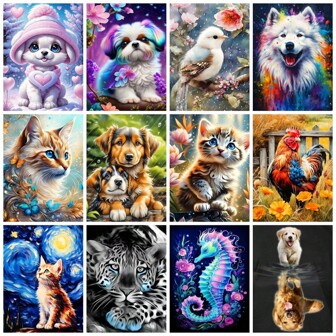 1 套 5D DIY 钻石画猫狗鸟豹全方形或圆形钻石马赛克动物梦幻图案成人手工礼物家居装饰