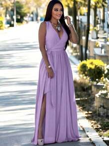 Vestido Elegante Con Escote Profundo Cinturón Ajustable Y Abertura En Pierna Para Mujer - Lila Púrpura - Ver 4